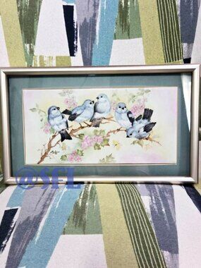 Tile Art Birds On Branch Signed And Framed Nature Spring Scene Cottagecore